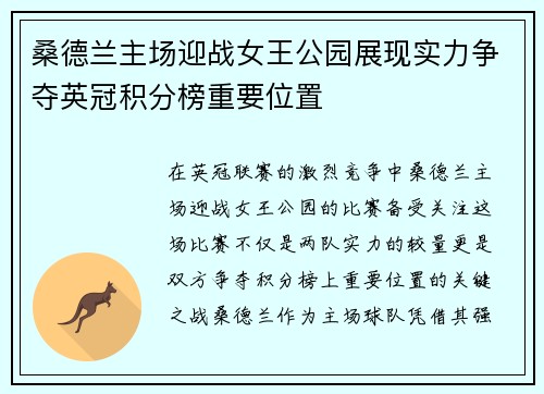 桑德兰主场迎战女王公园展现实力争夺英冠积分榜重要位置